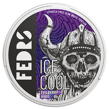 FEDRS Ice Cool Evilberry Hard nicotine pouches can with purple viking skull design, 32.5mg extra strong slim white portions.