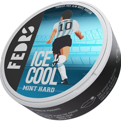 FEDRS Ice Cold Mint Hard Maradona Edition nicotine pouch can featuring a footballer in a stadium and 32.5mg strength.