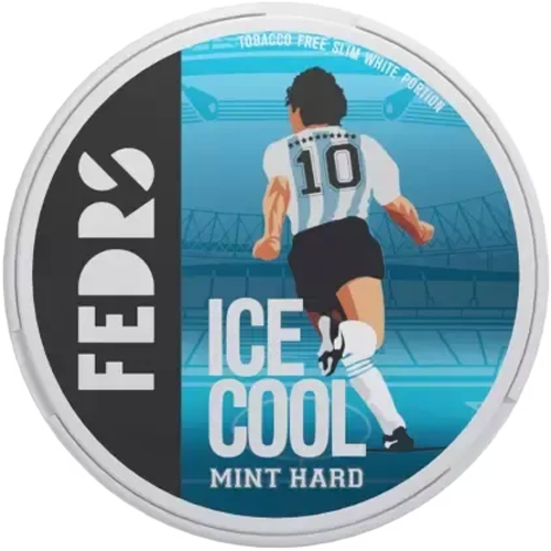 FEDRS Ice Cold Mint Hard nicotine pouch can, Maradona Edition with footballer illustration and tobacco-free slim portions.