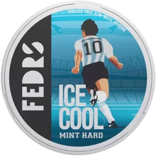 FEDRS Ice Cold Mint Hard nicotine pouch can, Maradona Edition with footballer illustration and tobacco-free slim portions.