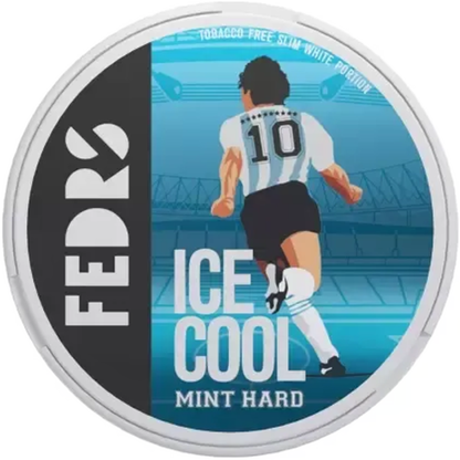 FEDRS Ice Cold Mint Hard nicotine pouch can, Maradona Edition with footballer illustration and tobacco-free slim portions.