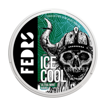 FEDRS Ice Cool Hard Ultra Mint tobacco-free nicotine pouch tin with viking skull logo and leaf background pattern.