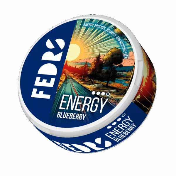 FEDRS Energy Blueberry 65mg caffeine pouches can. Tobacco-free, nicotine-free energy boost with berry landscape design.