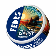 FEDRS Energy Blueberry 65mg caffeine pouches can. Tobacco-free, nicotine-free energy boost with berry landscape design.