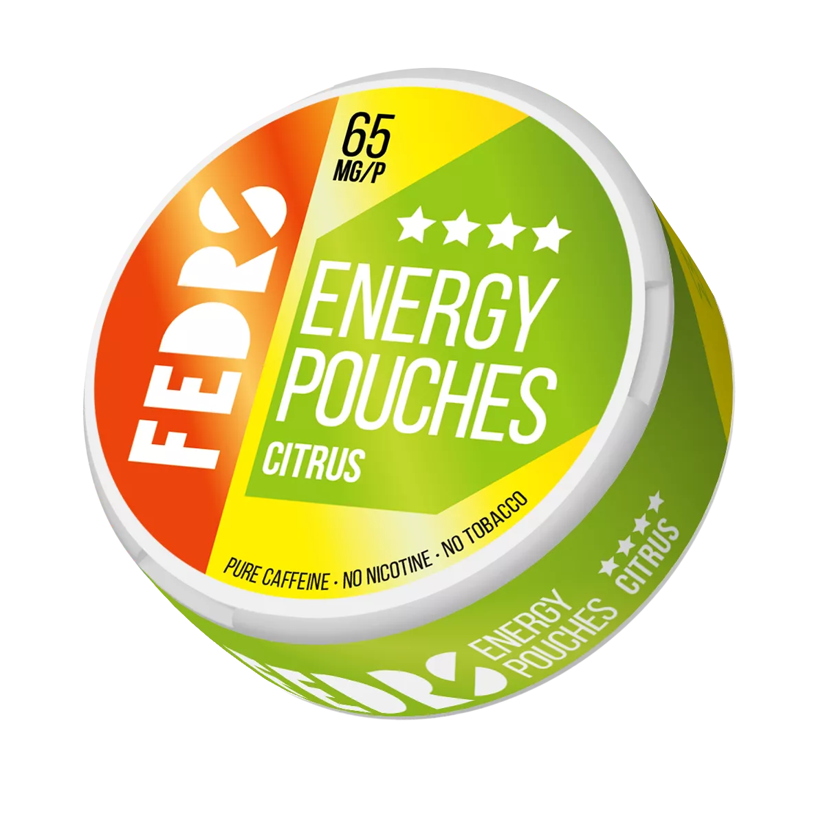 FEDRS Citrus Energy Pouches: 65mg nicotine-free caffeine pouches in a bright green and orange citrus design can.