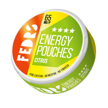 FEDRS Citrus Energy Pouches: 65mg nicotine-free caffeine pouches in a bright green and orange citrus design can.