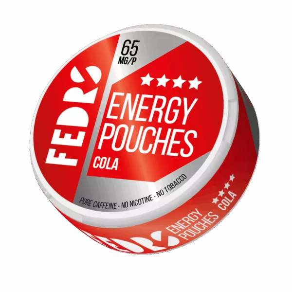 FEDRS Energy Cola Caffeine Pouches 65mg. Red and white tin of tobacco-free and nicotine-free nootropic energy pouches.