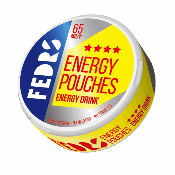 FEDRS Energy Drink Caffeine Pouches, 65mg. Tobacco-free, nicotine-free energy supplement in a yellow and blue 3D can.