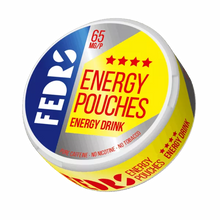 FEDRS Energy Drink Caffeine Pouches, 65mg. Tobacco-free, nicotine-free energy supplement in a yellow and blue 3D can.