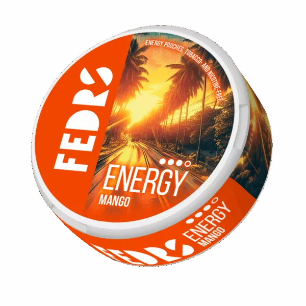 FEDRS Energy Mango 65mg Caffeine Pouches: Tobacco-free can with a tropical sunset palm tree design.