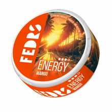 FEDRS Energy Mango 65mg Caffeine Pouches: Tobacco-free can with a tropical sunset palm tree design.