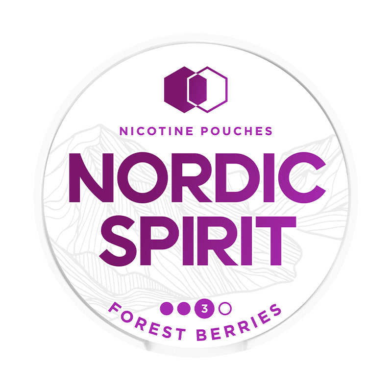 Nordic Spirit Forest Berries Strong Nicotine Pouches can featuring purple branding and a 3-dot strength indicator.