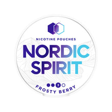 Nordic Spirit Frosty Berry Strong tobacco-free nicotine pouches can with mountain graphic and 3-dot strength indicator.
