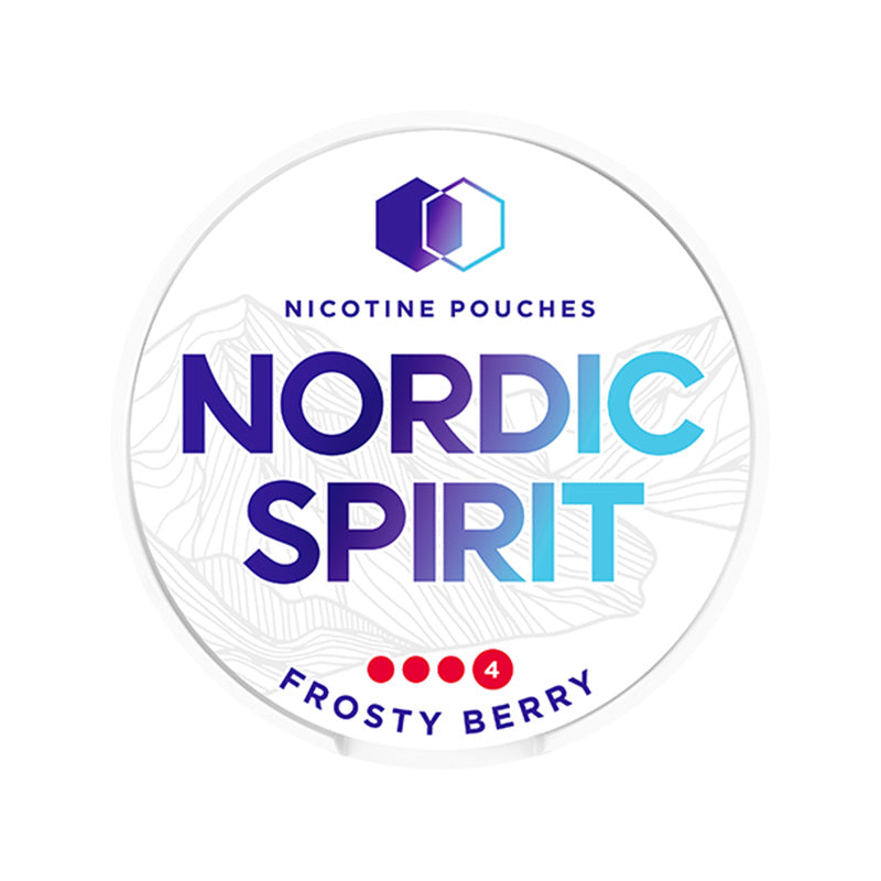 Nordic Spirit Frosty Berry X-Strong tobacco-free nicotine pouches, 11mg slim format can with mountain design.