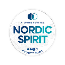 Nordic Spirit Frosty Mint Strong tobacco-free nicotine pouches can lid with mountain design and strength 3 indicator.