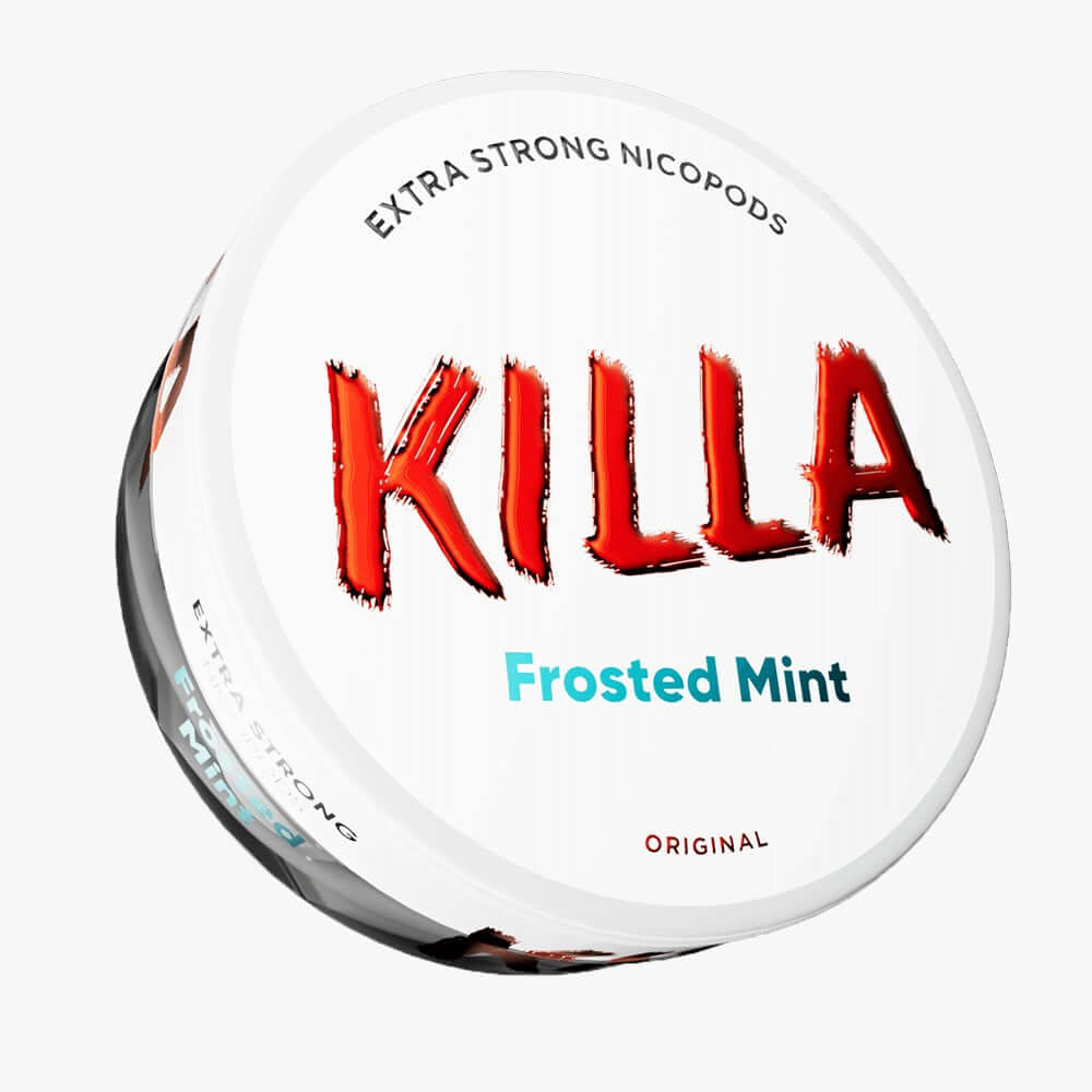 KILLA Frosted Mint Extra Strong Nicotine Pouches white can with red text on a clean white background.
