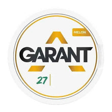 GARANT Melon 12.5MG (25MG/G) tobacco free nicotine pouches, white can with yellow and green branding, featuring the 27 pouch count and melon flavor label.