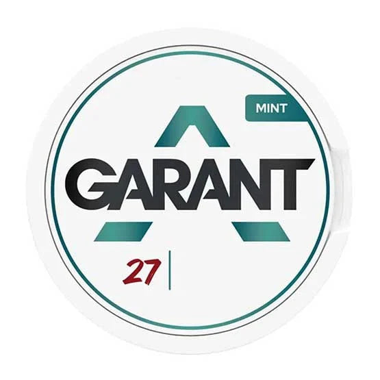 GARANT Mint 8MG (18MG/G) tobacco free nicotine pouches, can featuring teal branding and the 27 pouch count on a white background.