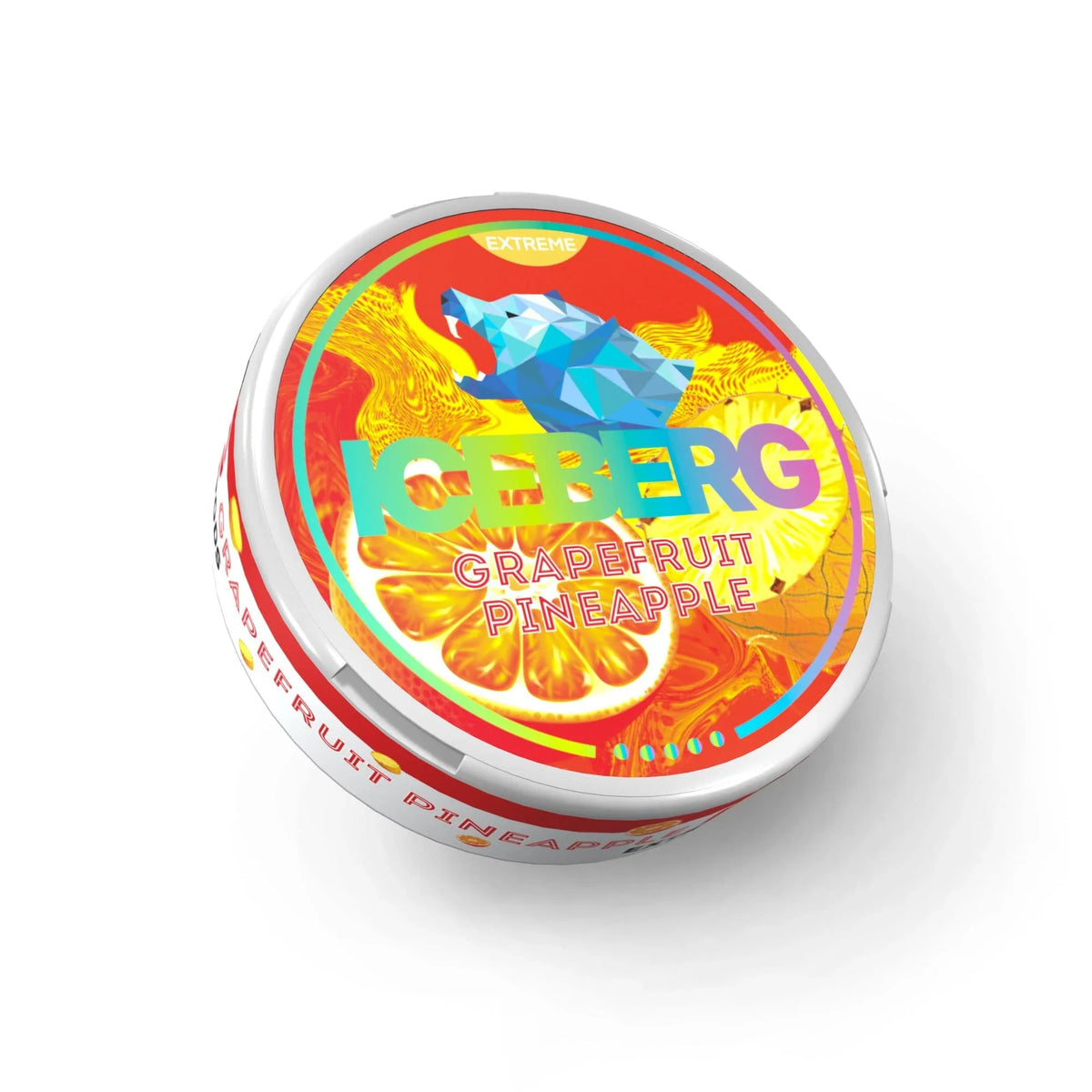 Iceberg Extreme Grapefruit Pineapple 84mg (120mg/g) nicotine pouches can featuring a polar bear and tropical fruit design.