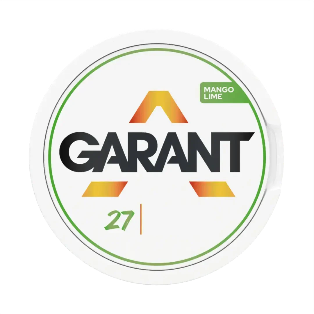 GARANT Mango Lime 10MG (20MG/G) tobacco free nicotine pouches, can with white label, orange logo, and a green 27 pouch count.