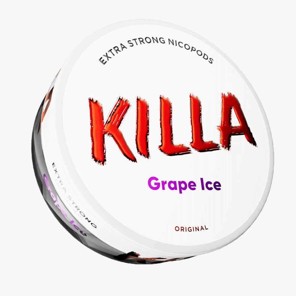 KILLA Grape Ice Extra Strong Nicotine Pouches can featuring bold red branding on a clean white background.