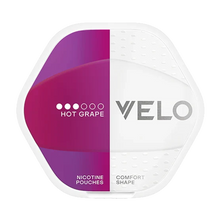 VELO Hot Grape 8mg Nicotine Pouches in a slim white and purple comfort shape can on a clean white background.