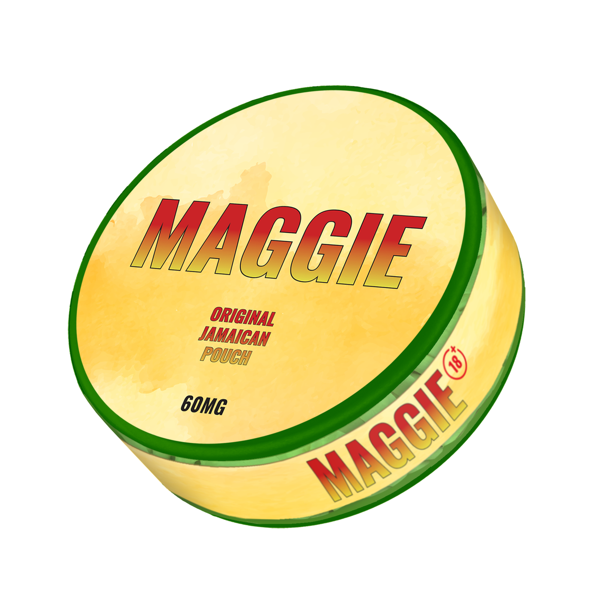 MAGGIE Original Jamaican Pouch 45mg (60mg/g) nicotine pouches in the original yellow and green Cherry Tonic Wine can design.