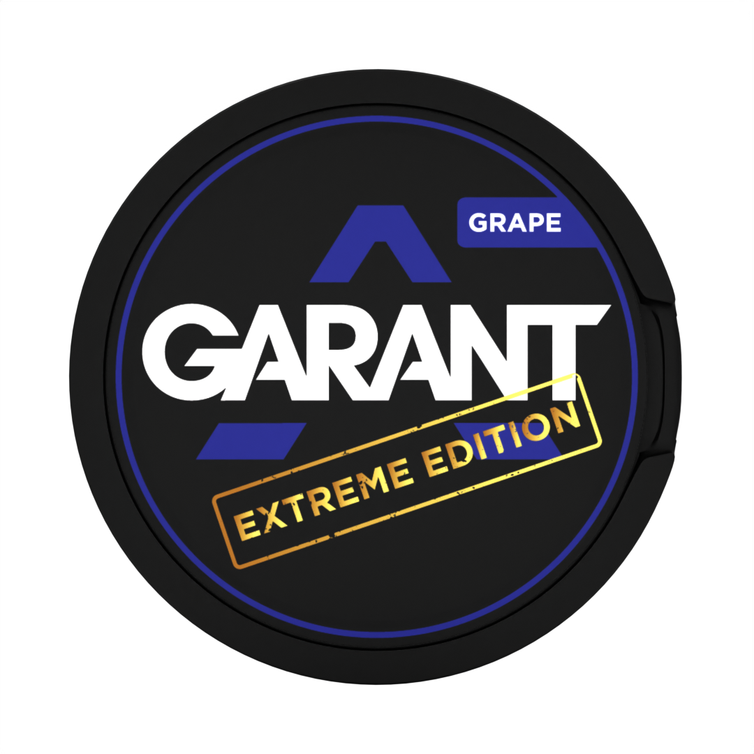 GARANT EXTREME Grape 25MG (50MG/G) tobacco free nicotine pouches, black can with Extreme Edition gold logo and purple grape flavor label.