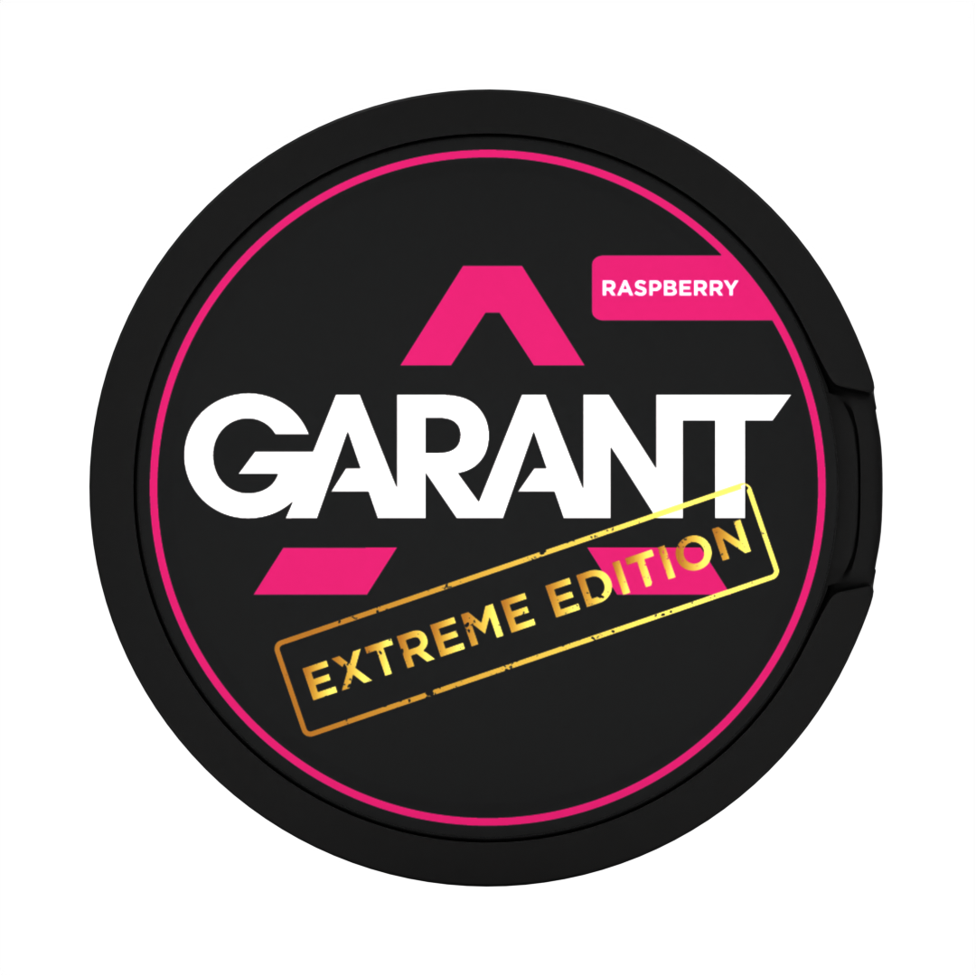 GARANT EXTREME Raspberry 25MG (50MG/G) tobacco free nicotine pouches, can with pink and black branding, featuring the Extreme Edition gold label.