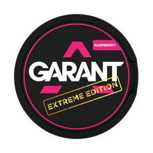 GARANT EXTREME Raspberry 25MG (50MG/G) tobacco free nicotine pouches, can with pink and black branding, featuring the Extreme Edition gold label.
