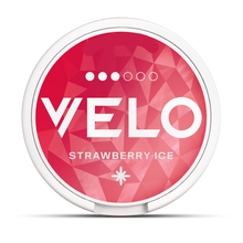 VELO Strawberry Ice 10mg Nicotine Pouches, circular can with red geometric pattern and snowflake icon.