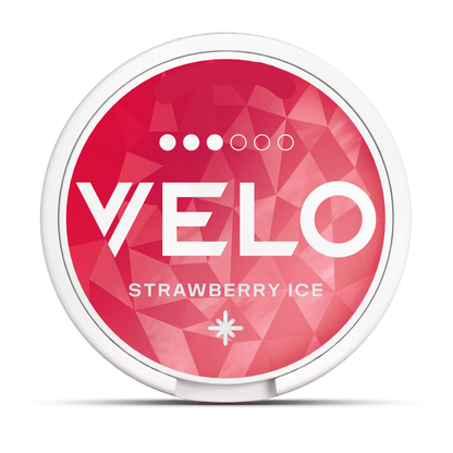 VELO Strawberry Ice 10mg Nicotine Pouches, circular can with red geometric pattern and snowflake icon.