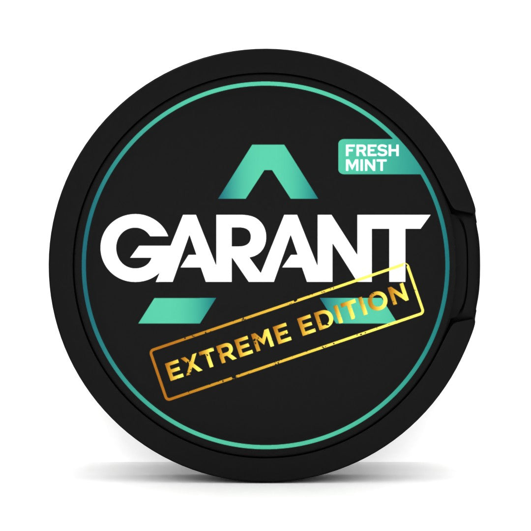 GARANT EXTREME Fresh Mint 25MG (50MG/G) tobacco free nicotine pouches, in a black round can, featuring Extreme Edition gold and teal branding.