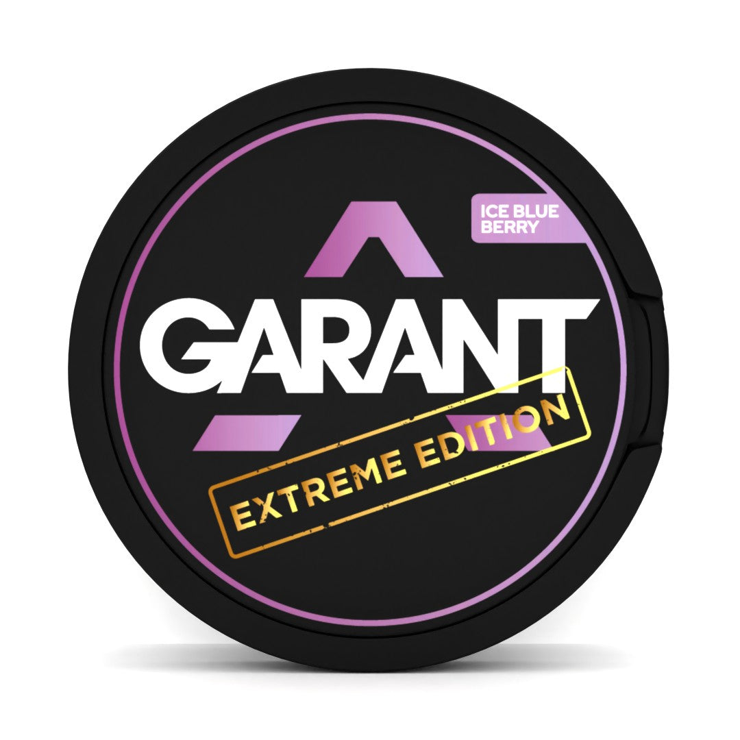GARANT EXTREME Ice Blueberry 25MG (50MG/G) tobacco free nicotine pouches, can with purple and gold branding on a black background.