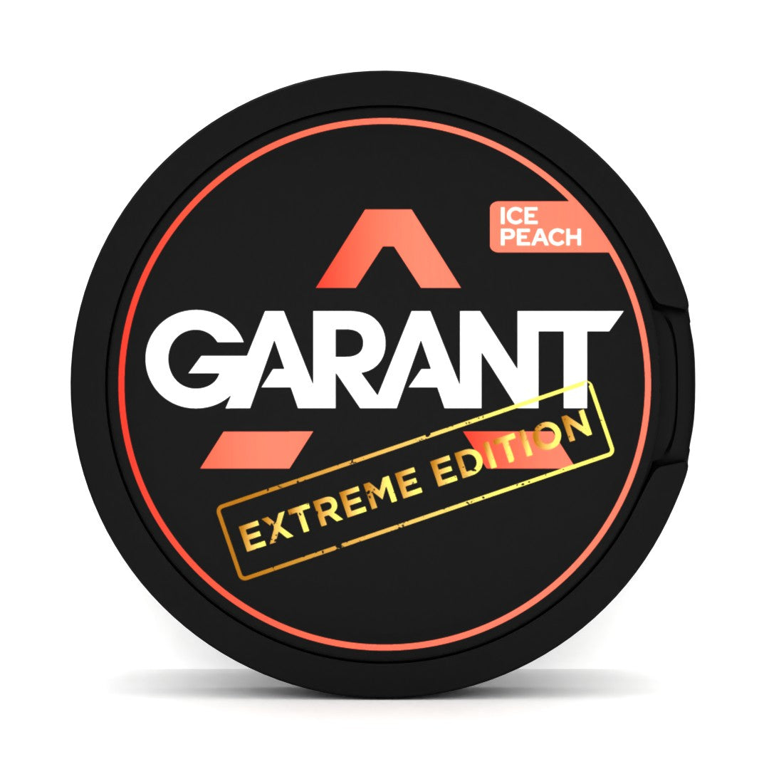 GARANT EXTREME Ice Peach 25MG (50MG/G) tobacco free nicotine pouches, can showing the brand logo and Extreme Edition label on a black background.
