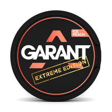 GARANT EXTREME Ice Peach 25MG (50MG/G) tobacco free nicotine pouches, can showing the brand logo and Extreme Edition label on a black background.
