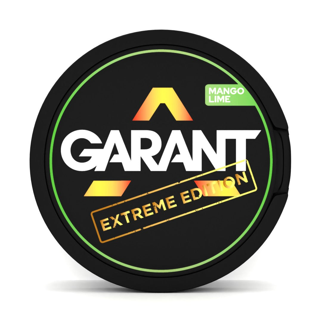 GARANT EXTREME Mango Lime 25MG (50MG/G) tobacco free nicotine pouches, can with black lid and lime green accents.