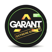 GARANT EXTREME Mango Lime 25MG (50MG/G) tobacco free nicotine pouches, can with black lid and lime green accents.
