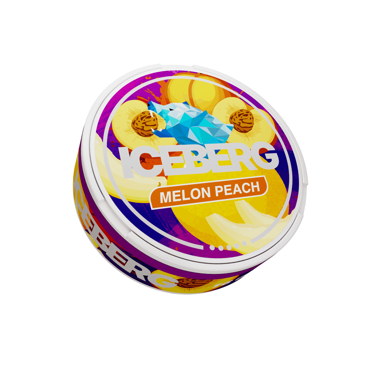 Iceberg Melon Peach nicotine pouches tin with 84mg (120mg/g) strength label, featuring a blue wolf logo on a white background.