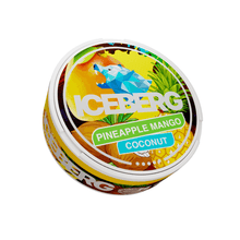 Iceberg Pineapple Mango Coconut Nicotine Pouches 84mg (120mg/g) tin with tropical fruit graphics and geometric polar bear logo.