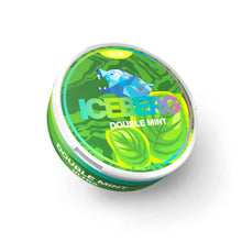Iceberg Double Mint Ultra Nicotine Pouches can with a green polar bear design on a white background.