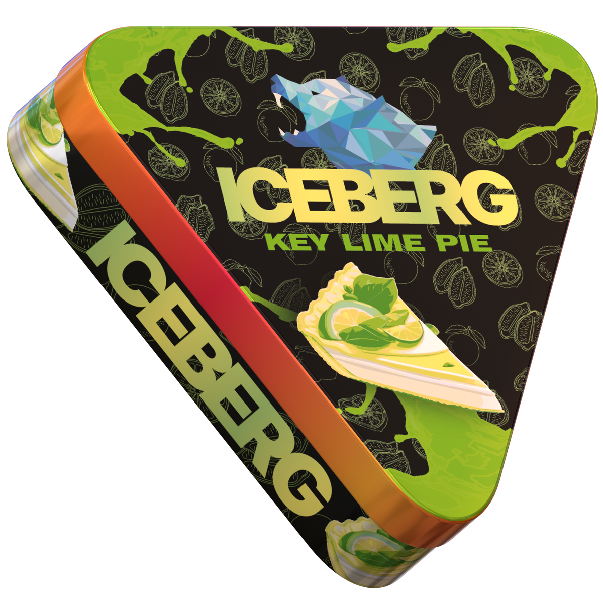 Iceberg Key Lime Pie 40mg (50mg/g) nicotine pouches in a triangular tin with dessert graphics and a blue geometric wolf logo.