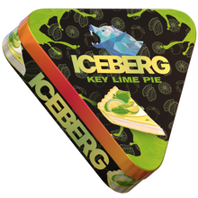 Iceberg Key Lime Pie 40mg (50mg/g) nicotine pouches in a triangular tin with dessert graphics and a blue geometric wolf logo.
