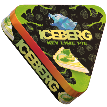 Iceberg Key Lime Pie 40mg (50mg/g) nicotine pouches in a triangular tin with dessert graphics and a blue geometric wolf logo.