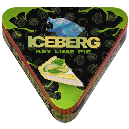Iceberg Key Lime Pie nicotine pouches in a unique triangular tin with green citrus branding and 40mg (50mg/g) strength.