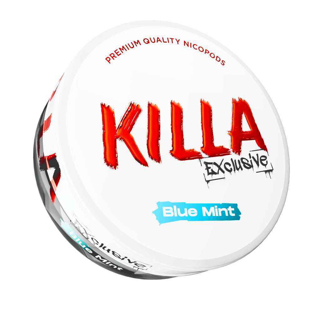 Killa Exclusive Blue Mint Nicotine Pouches, 13.2mg tobacco-free snus can with blueberry-mint flavor branding.