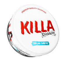 Killa Exclusive Blue Mint Nicotine Pouches, 13.2mg tobacco-free snus can with blueberry-mint flavor branding.