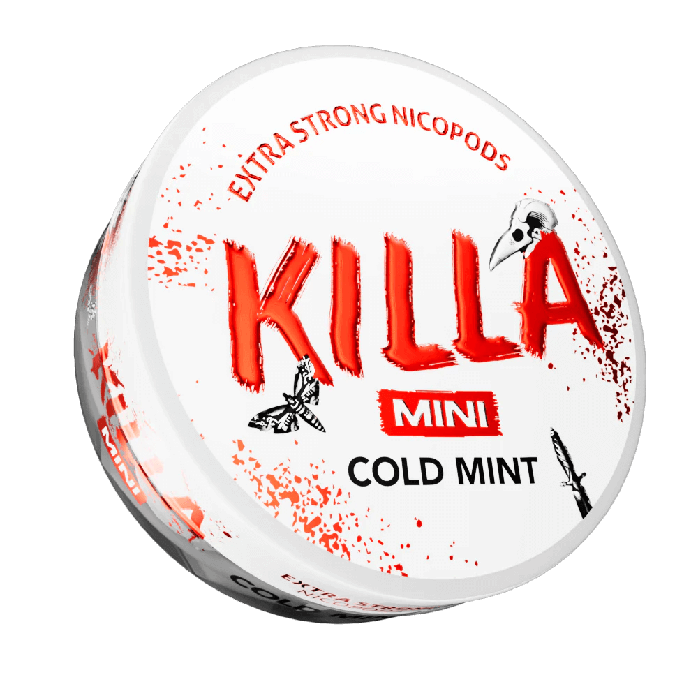 Killa Mini Cold Mint Nicotine Pouches can with red splatter design and extra strong nicopods label.
