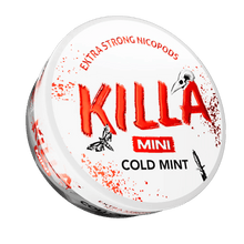 Killa Mini Cold Mint Nicotine Pouches can with red splatter design and extra strong nicopods label.