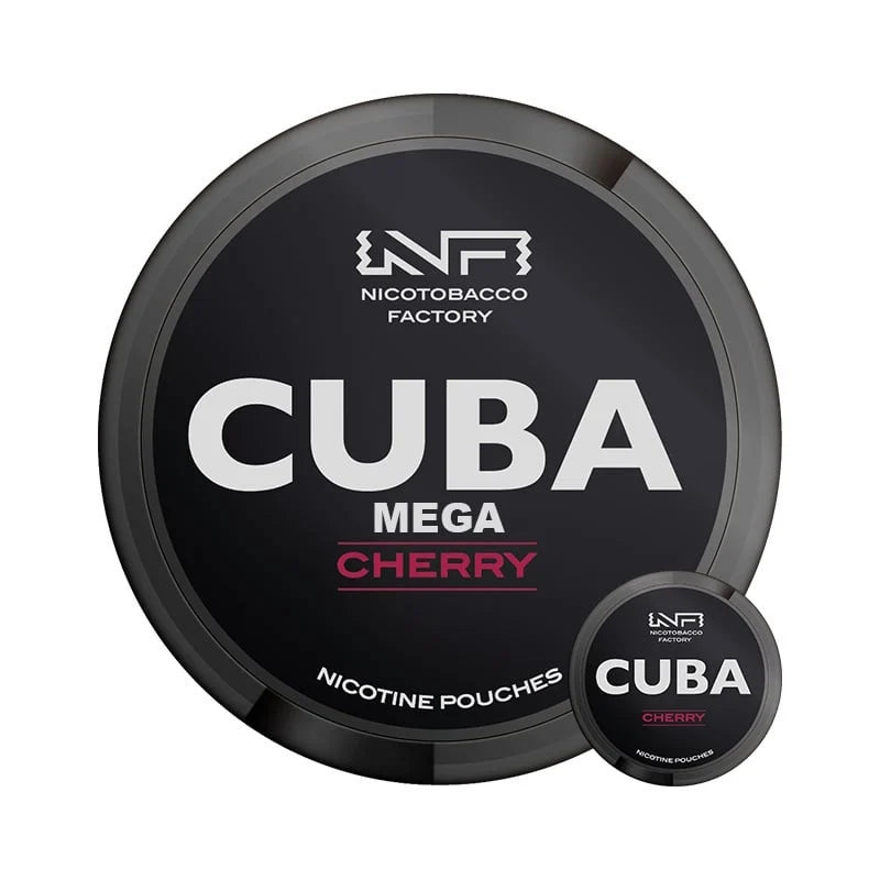 Cuba Black Mega Cherry Nicotine Pouches in a large 300-pouch bulk container with a standard tin for scale comparison.